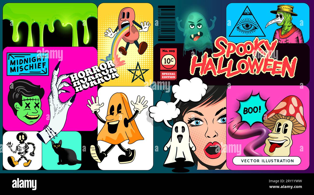 Eine Kollektion gruseliger halloween-Deko, Figuren und Aufkleber für Designs! Vektorillustration Stock Vektor