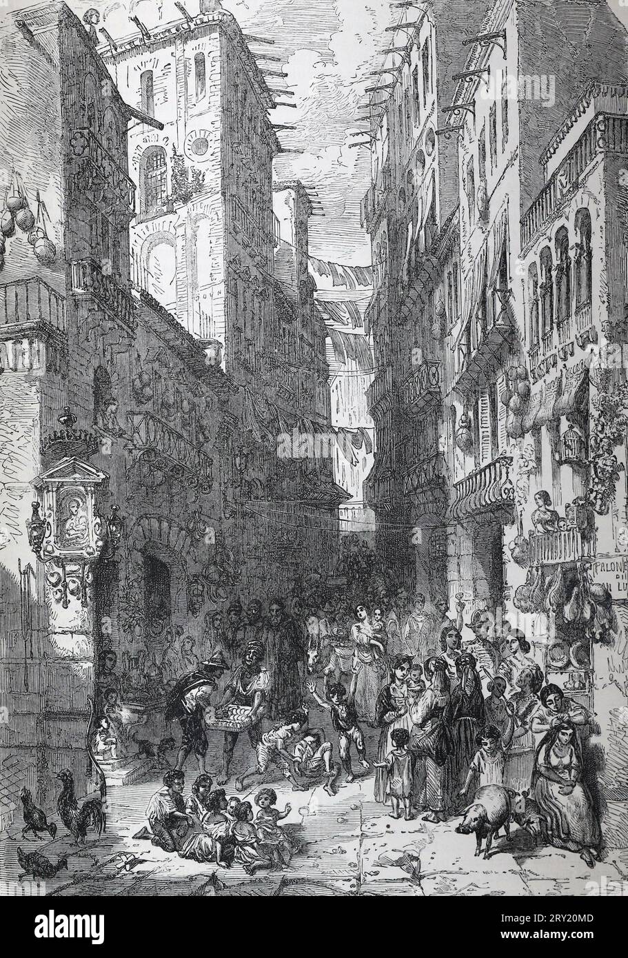 Eine Straße in Neapel. Italien im 19. Jahrhundert; Schwarz-weiß-Illustration Stockfoto