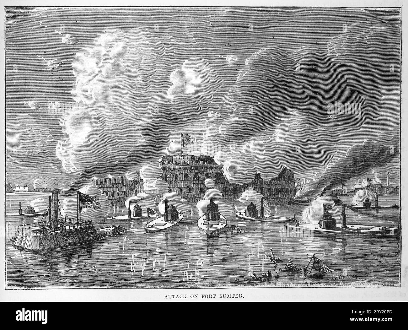 Angriff auf Fort Sumter durch die Miliz von South Carolina, Beginn des Amerikanischen Bürgerkriegs, 1860. Schwarz-weiß-Abbildung Stockfoto