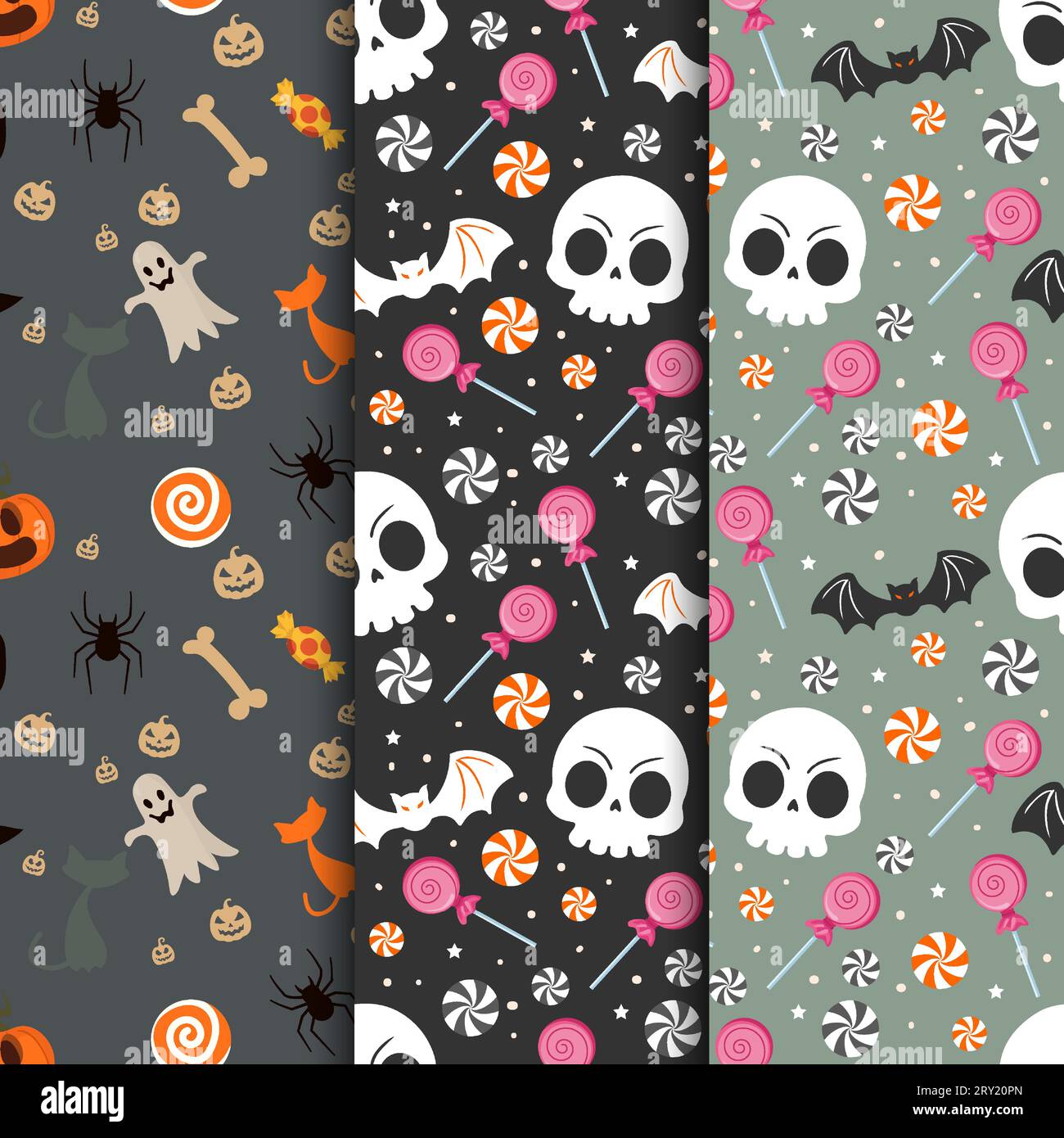 Halloween-Muster-Kollektion mit Süßigkeiten und Totenkopf Stock Vektor
