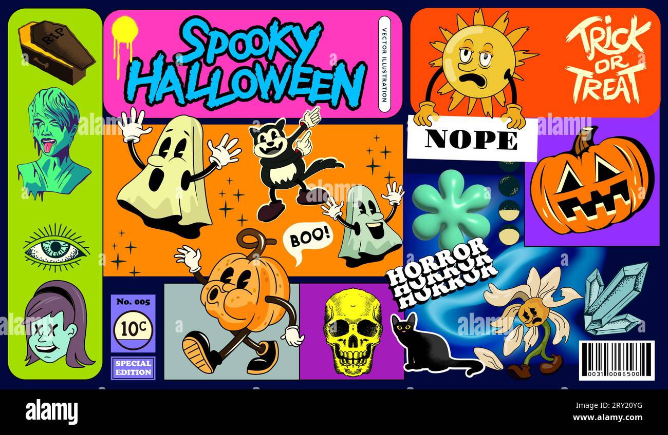 Surreale Halloween Aufkleber und Charakterset Dekorationen! Vektorillustration Stock Vektor