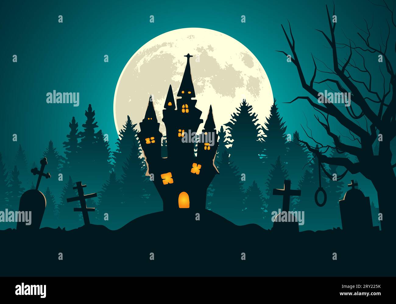 Happy halloween Hintergrund mit gruseligen Gruselwald am Nachtgräberstein und gruselige Burg Stock Vektor