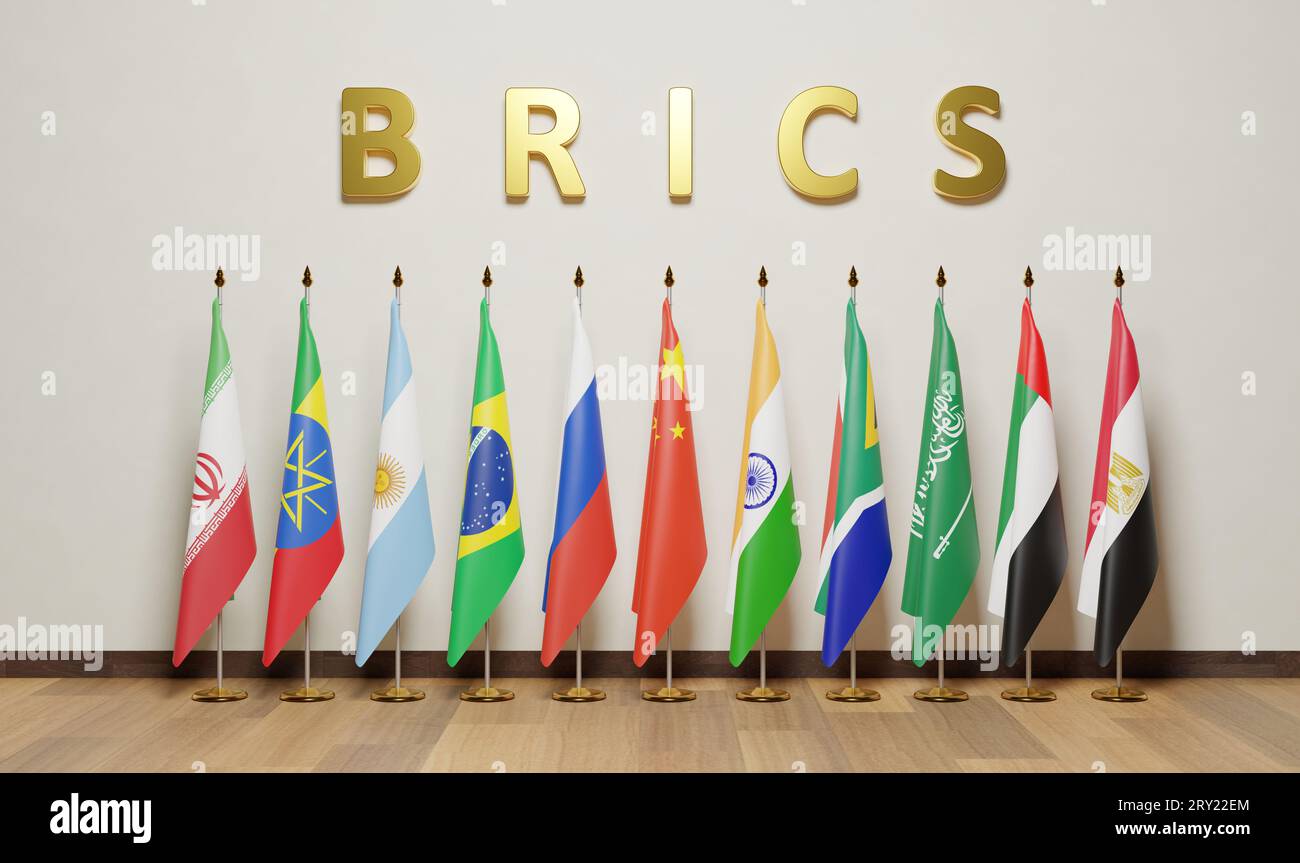 Flaggen von BRICS ist eine Vereinigung von Brasilien, Russland, Indien, China und Südafrika - insgesamt sechs Länder werden am 2024 Argentinien , ägyptisch, dem BRICS beitreten Stockfoto