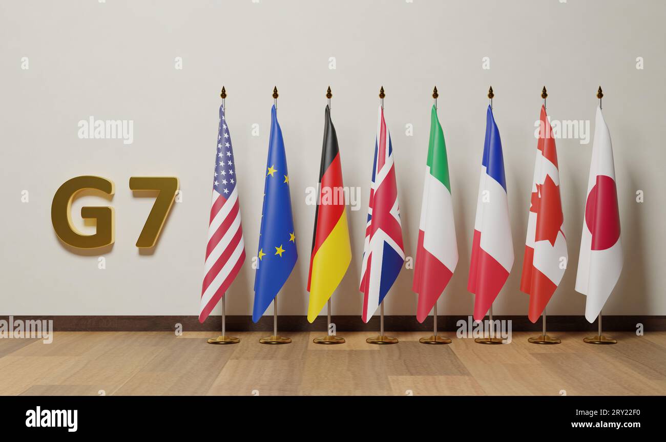Flaggen der Gruppe der Sieben (G7) ist ein zwischenstaatliches politisches Forum, das aus Kanada, Frankreich, Deutschland, Italien, Japan, Vereinigtes Königreich und t Stockfoto