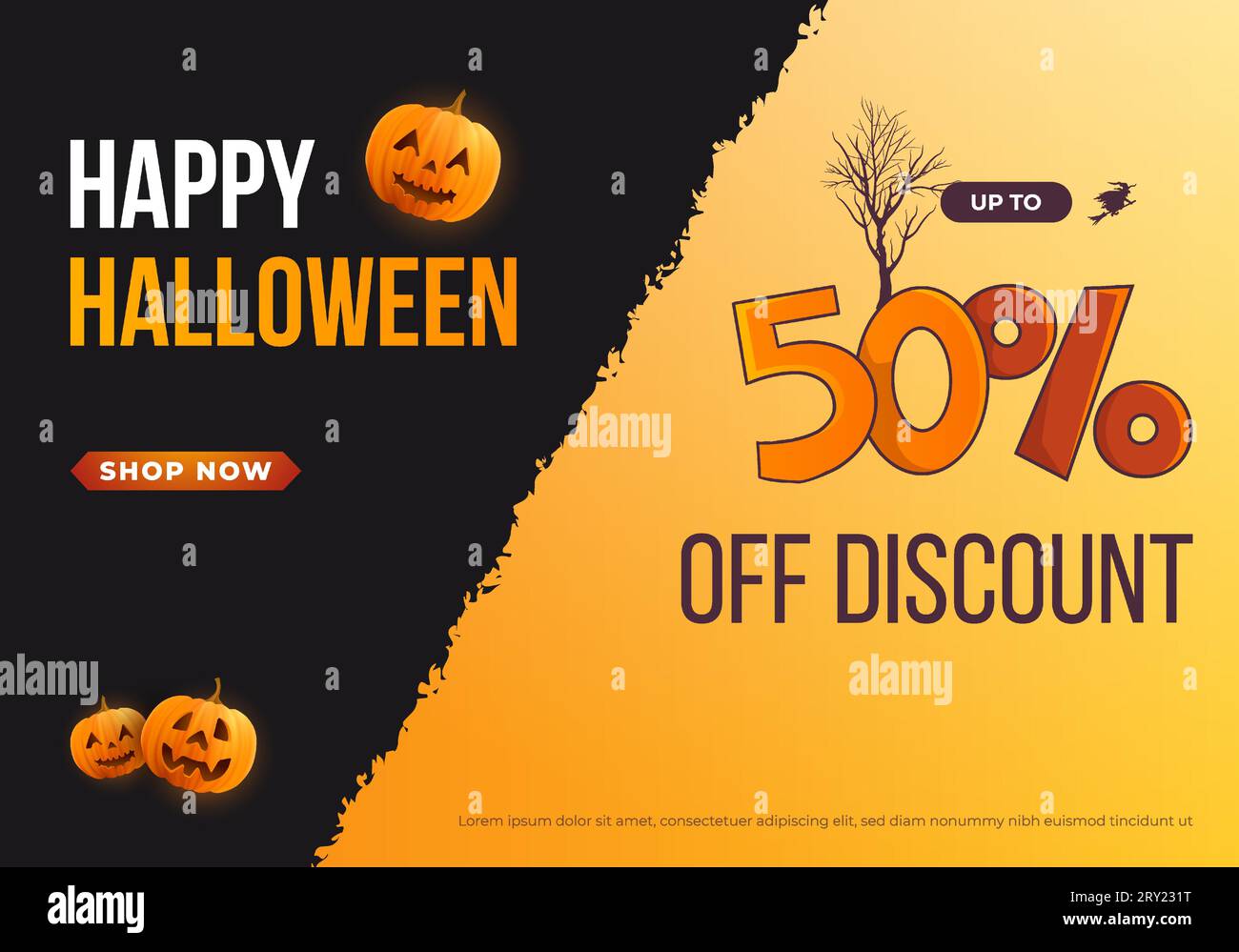 Happy halloween horizontales Verkaufsbanner für die Förderung mit realistischen Kürbissen und Typografie-Illustration auf gelbem schwarzem Hintergrund Stock Vektor