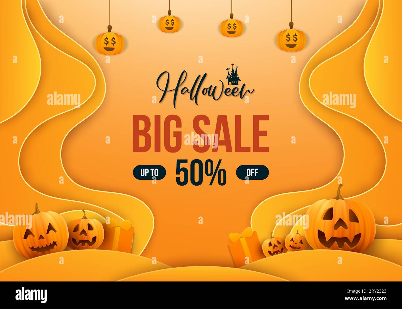 Happy halloween Sale Papierschnitt-Effekt-Hintergrund mit realistischen Kürbissen und Geschenkbox Stock Vektor