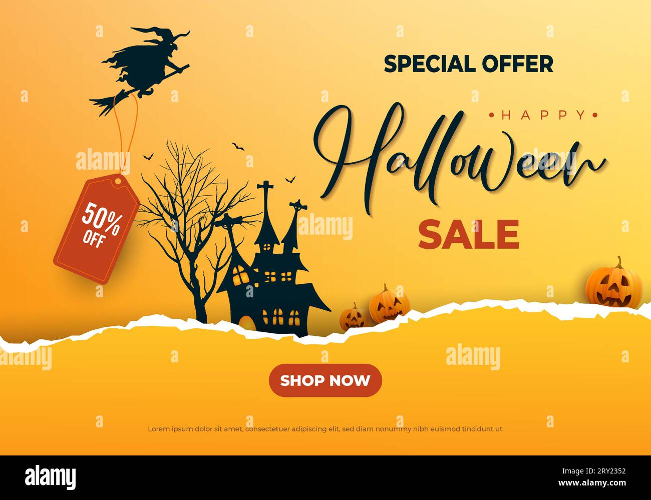 Happy halloween zerrissenes Papier-Effekt-Sale-Banner-Hintergrund mit gespukten Schlosskürbissen und fliegender Hexe. Verkaufsetikett Stock Vektor