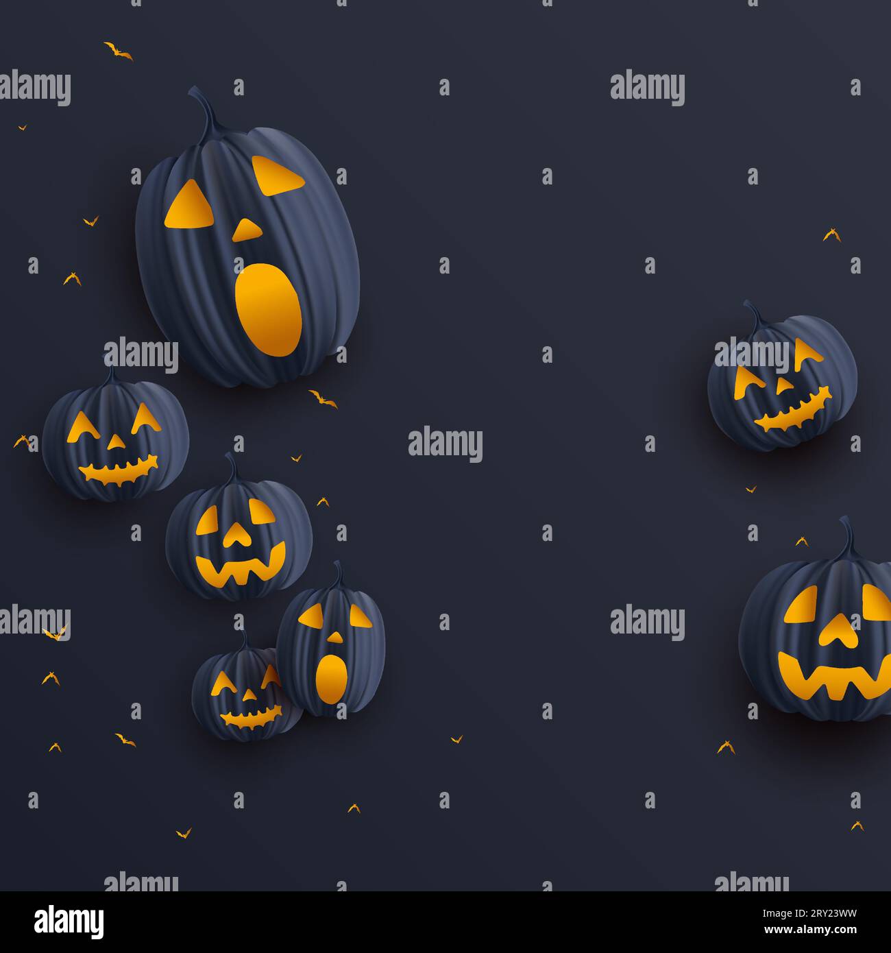 Happy halloween dunkle Karte Hintergrund Illustration mit realistischen Kürbisgesicht und fliegenden Fledermäuse Stock Vektor