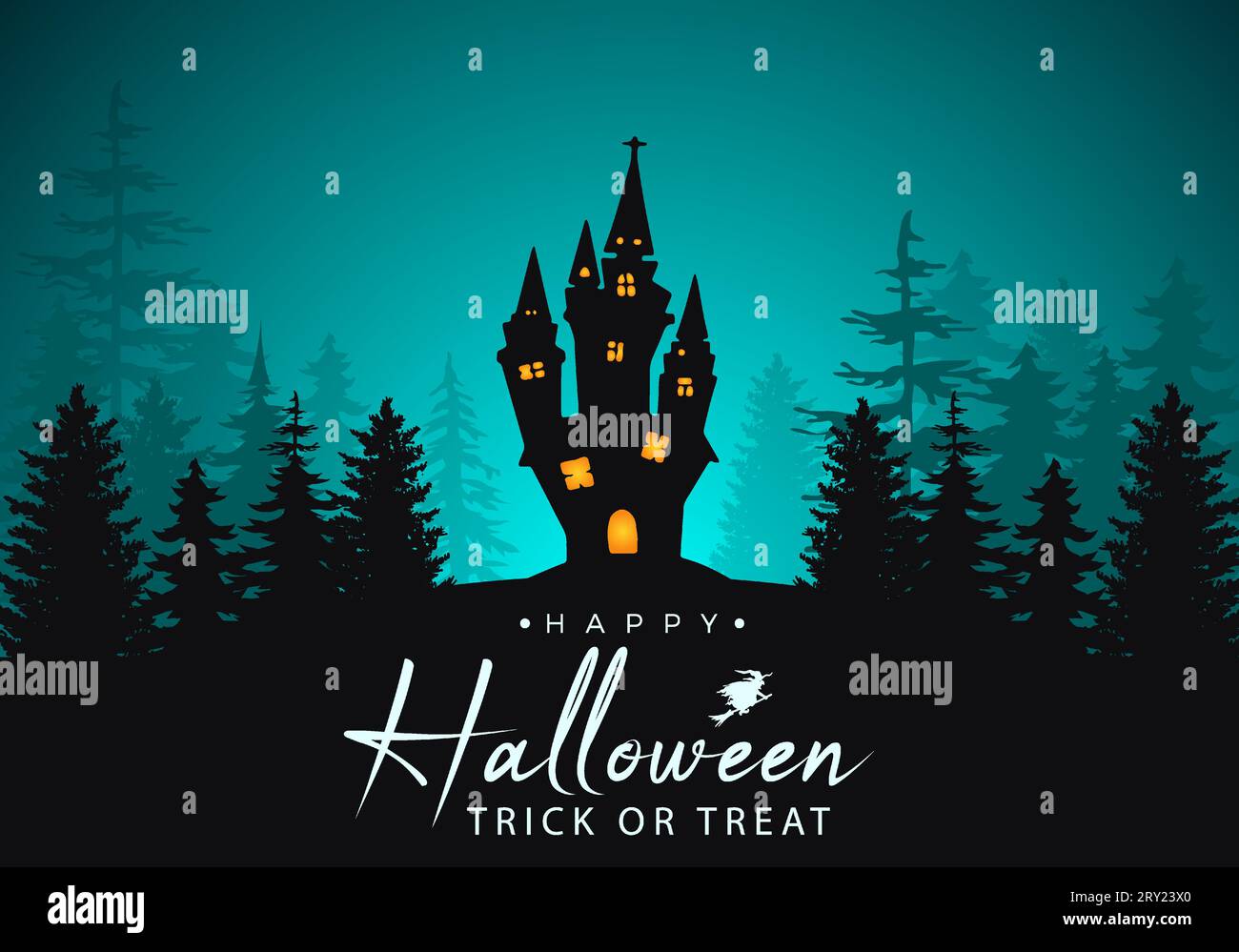 Fröhlicher halloween-Hintergrund mit gruseligen, unheimlichen Palmenwäldern in der Nacht und gruseliger Burg Stock Vektor