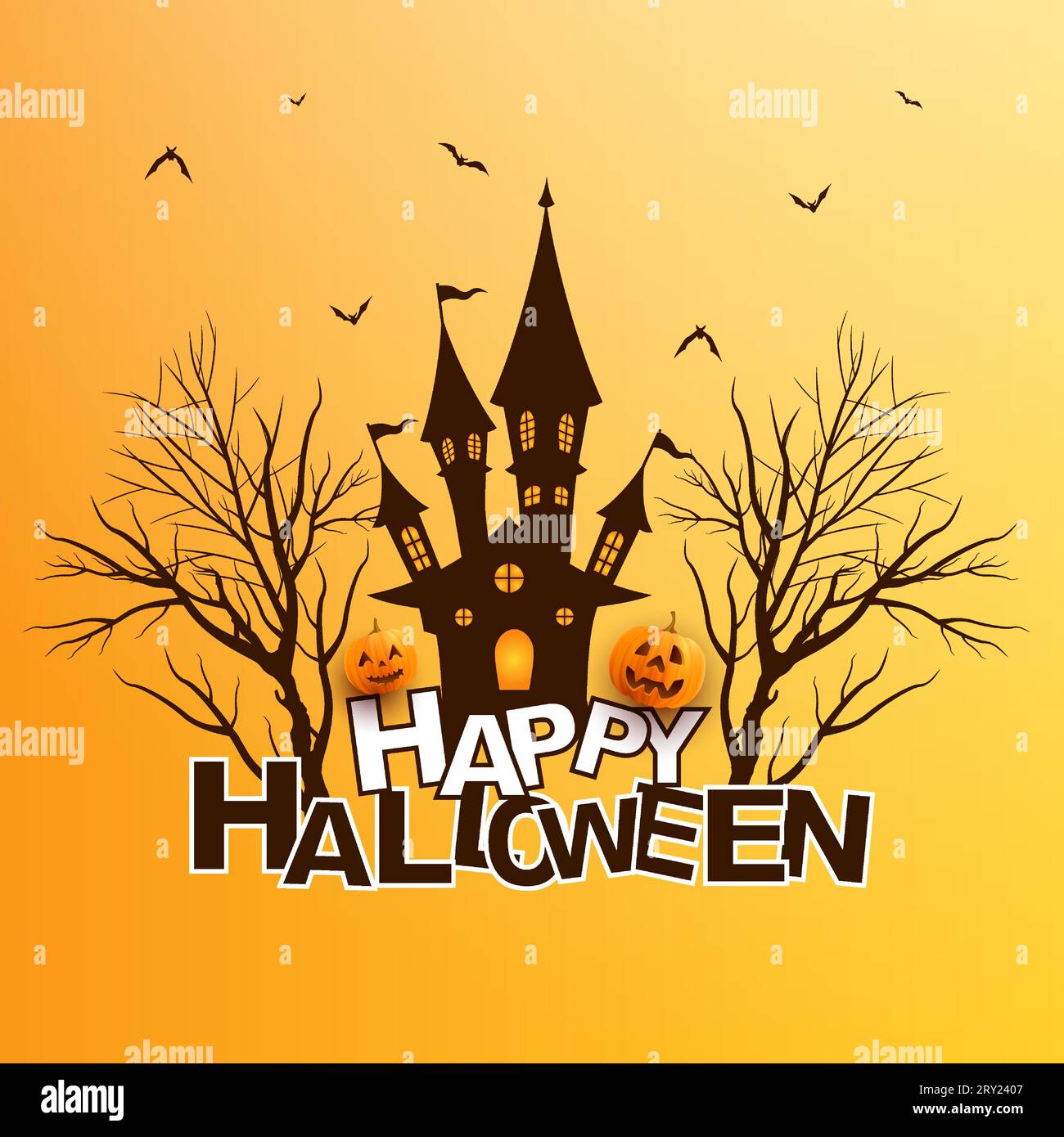 Happy halloween Karte Hintergrund mit fliegenden Fledermäusen über gruseligen Baum und gejagten Haus. Halloween-Text auf gelbem Hintergrund Stock Vektor