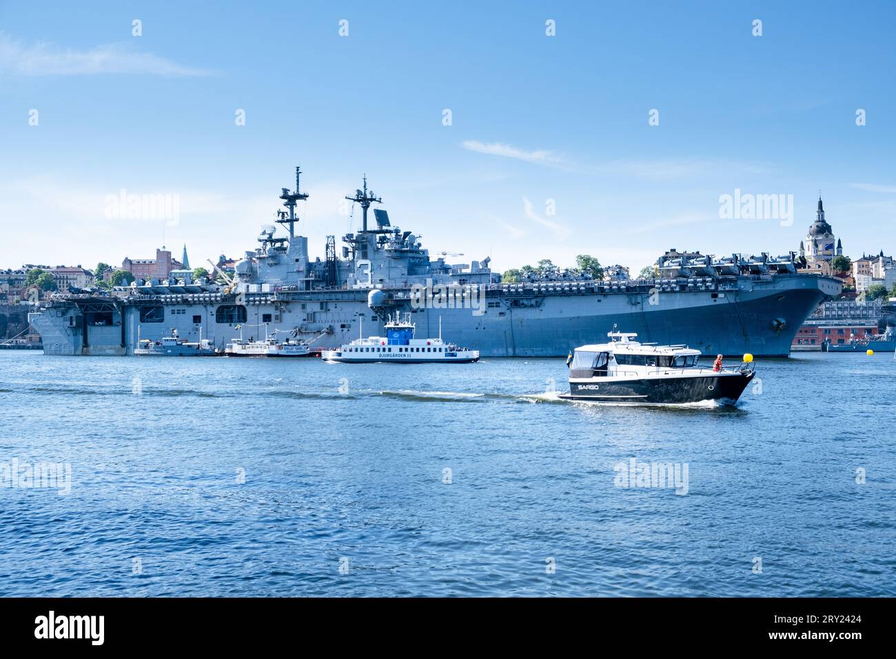 US-amerikanischer Flugzeugträger USS Kearsarge in Stockholm, Schweden Hafen für NATO-Militärübungen. Foto: Rob Watkins Stockfoto