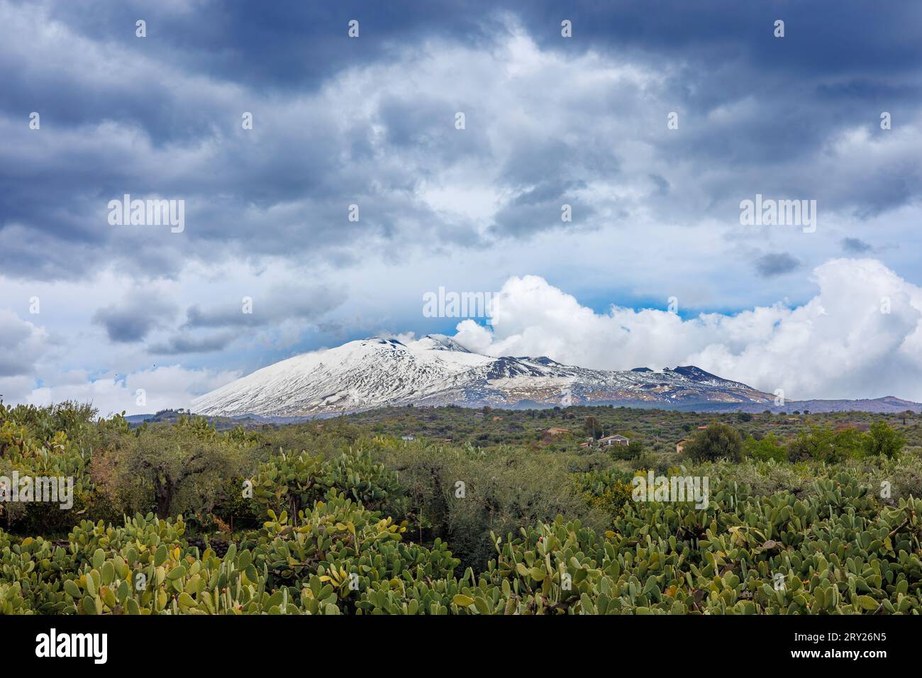 Ätna bedeckt mit Schnee in der Frühlingsnatur von Sizilien, Italien Stockfoto