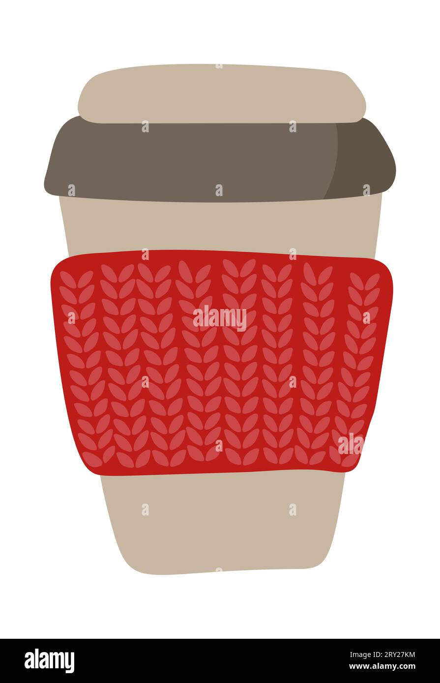 Gemütliche Tasse für Kaffee mit handgemachter gestrickter Abdeckung flache Vektorillustration. Herbstelement für Thanksgiving Day Grußkarte, Webdesign Stock Vektor