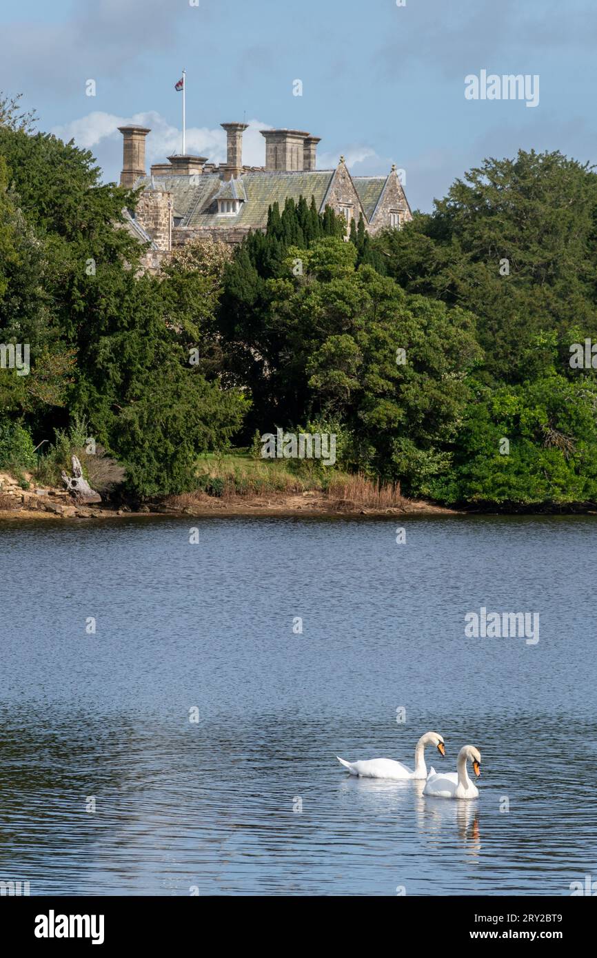 Blick auf das Beaulieu Palace House über den Beaulieu River vom Dorf, New Forest, Hampshire, England, Großbritannien Stockfoto