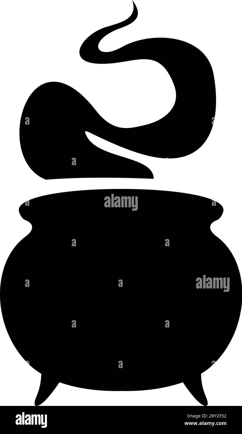 Hexenkessel mit Trank. Schwarze Silhouette eines Hexenkessels isoliert auf weißem Hintergrund. Vektorabbildung Stock Vektor