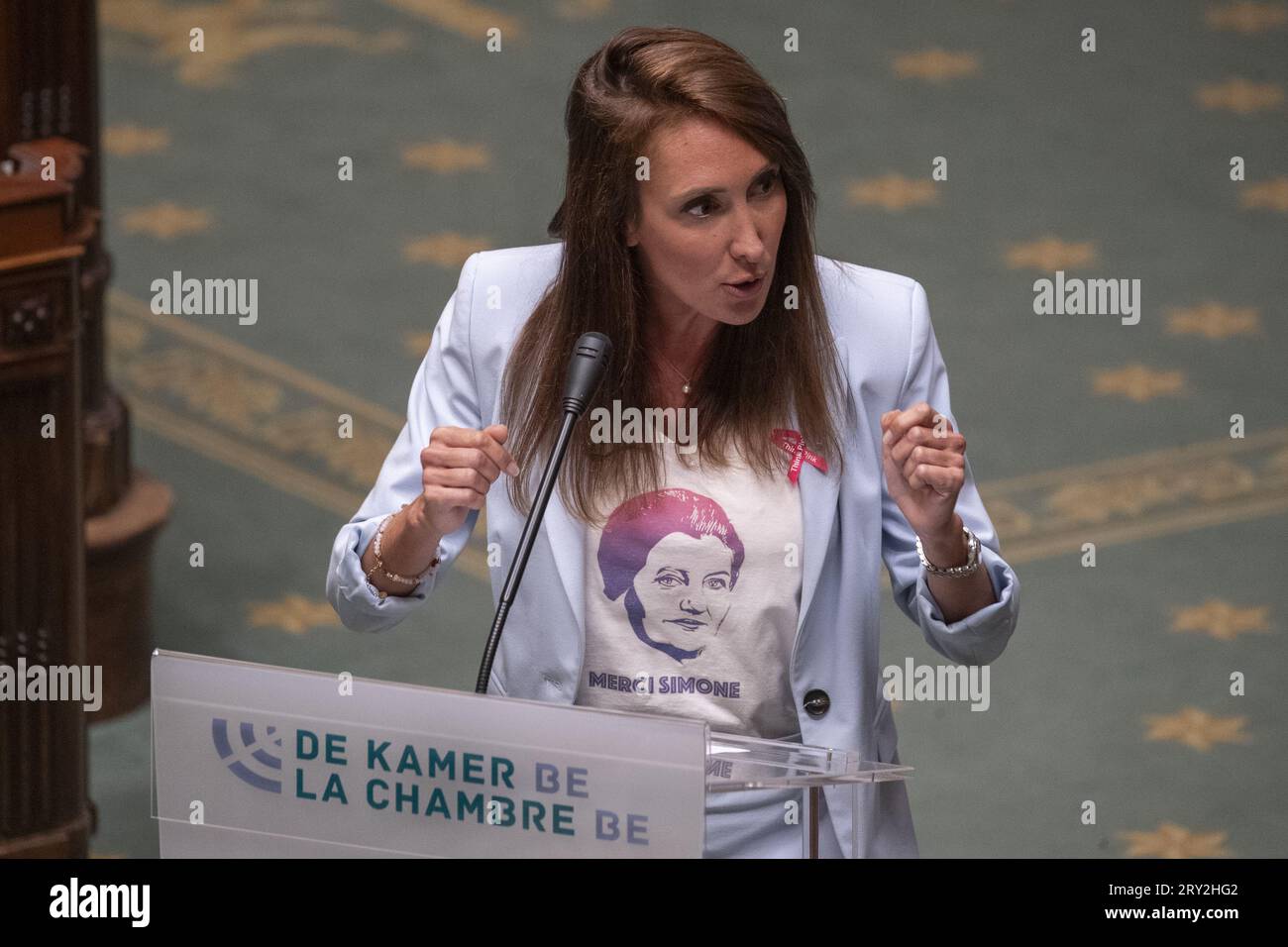 Dis Sophie Rohonyi, dargestellt auf einer Plenartagung des Plenums im Bundesparlament in Brüssel am Donnerstag, den 28. September 2023. BELGA-FOTO NICOLAS MAETERLINCK Stockfoto