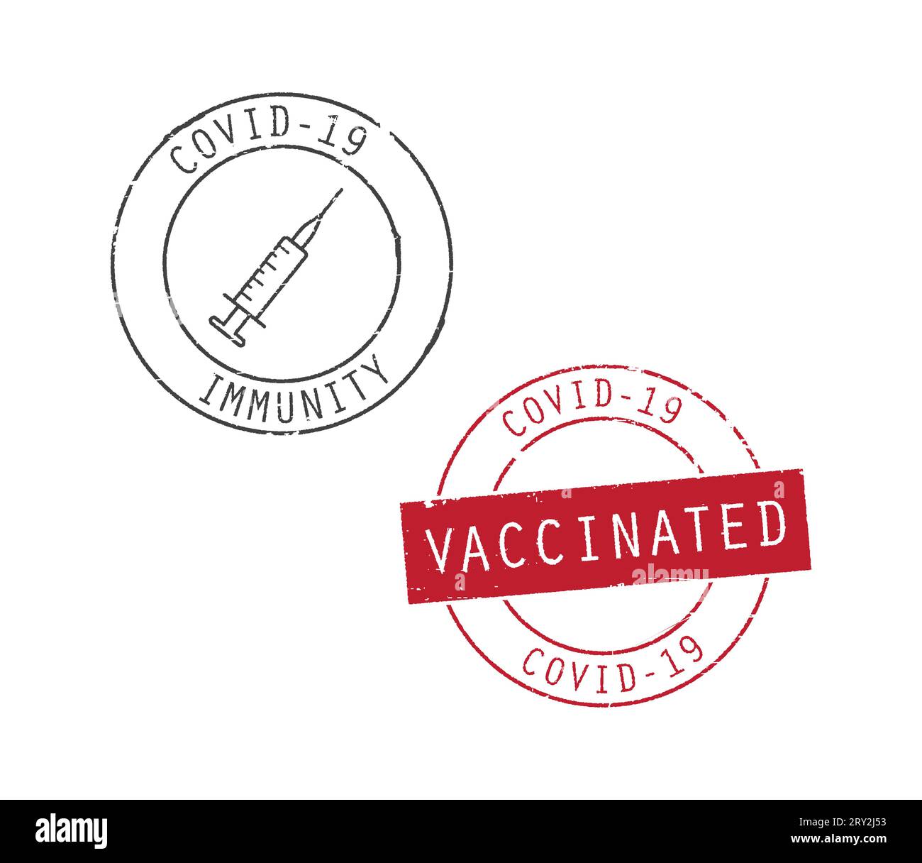 Zwei covid-19-Immunpass-Stempel. Stock Vektor