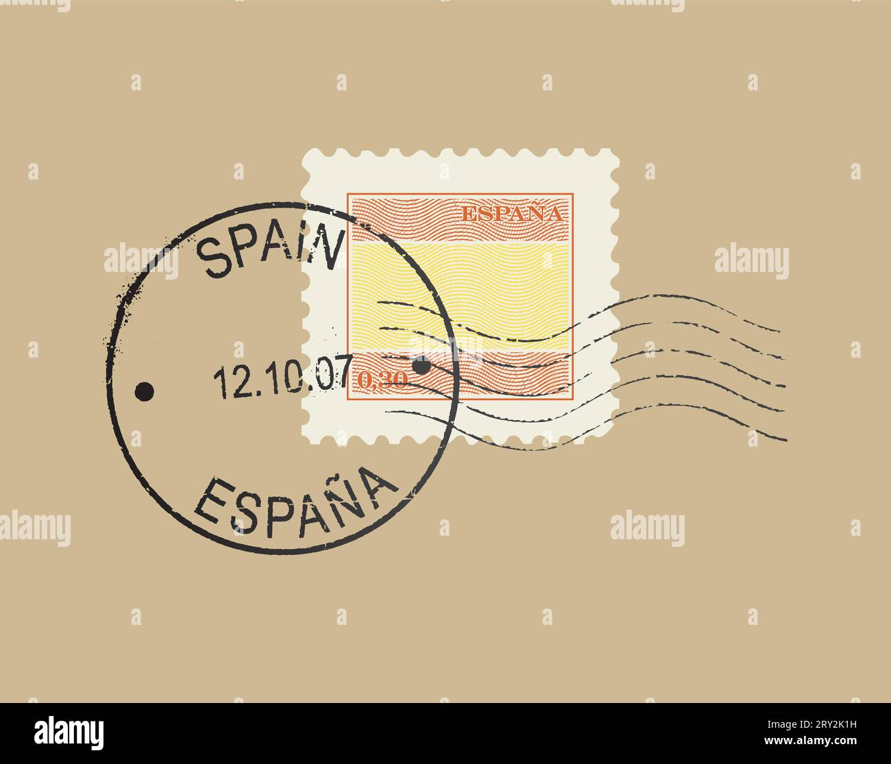 Poststempelzeichen ''Spanien''. Spanische Flagge; Gravur-Effekt. Englisches und spanisches Zitat. Stock Vektor