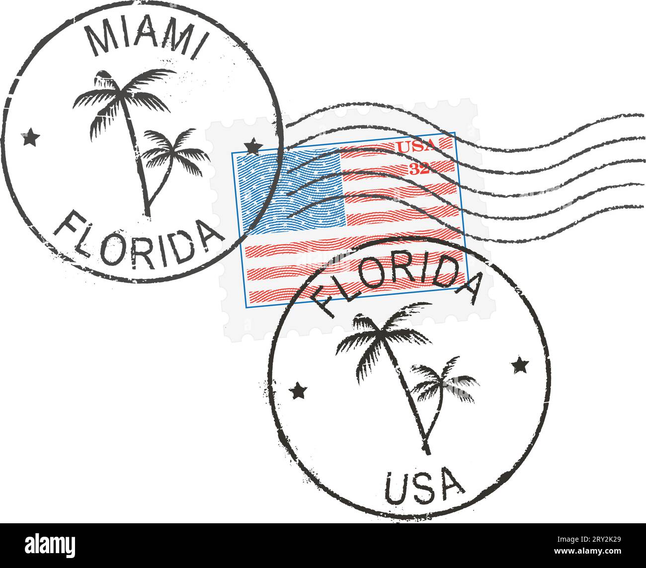 Briefmarkensymbole „Miami-Florida-USA“. US-Flagge (graviert, Holzschnitt). Stock Vektor