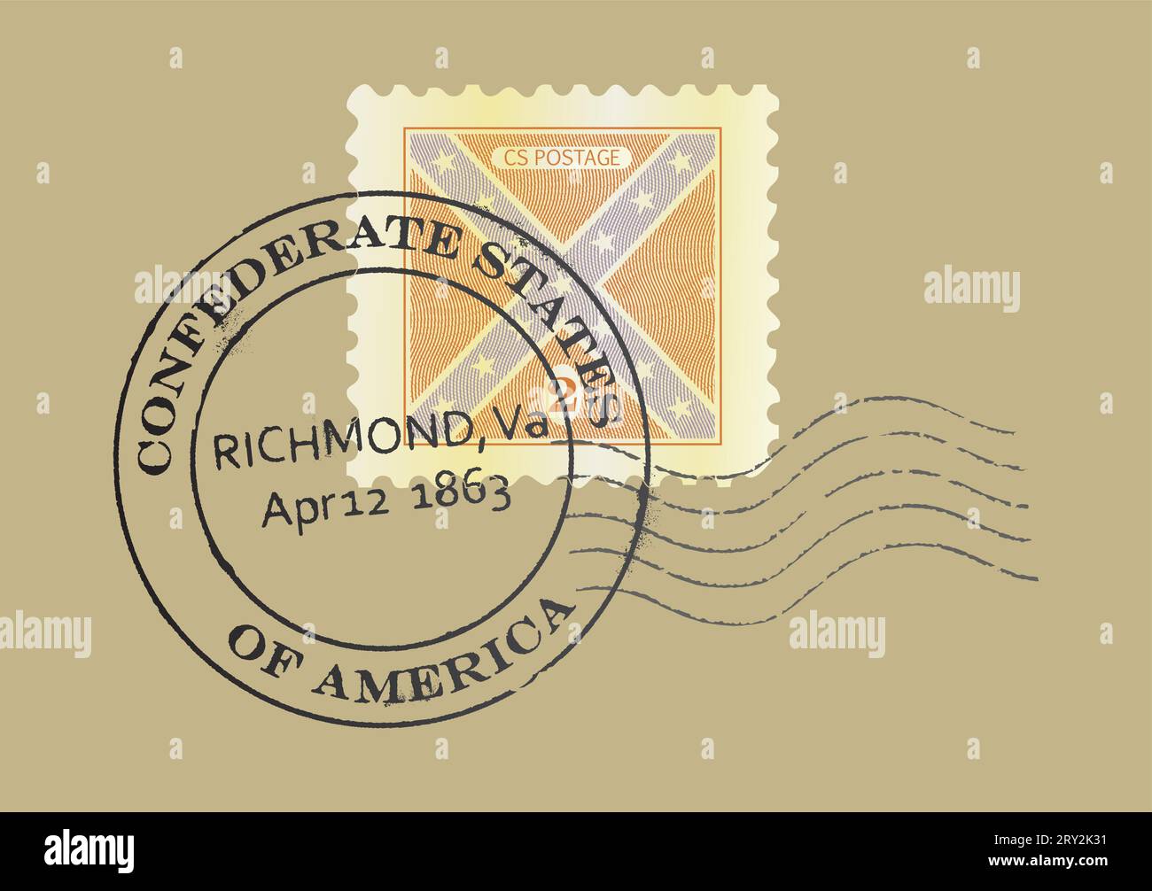 Alte (fiktive) postalische Grunge-Symbole „Richmond Virginia – Konföderierte Staaten von Amerika“ und südliche Schlachtflagge ( gravierte Textur). Stock Vektor