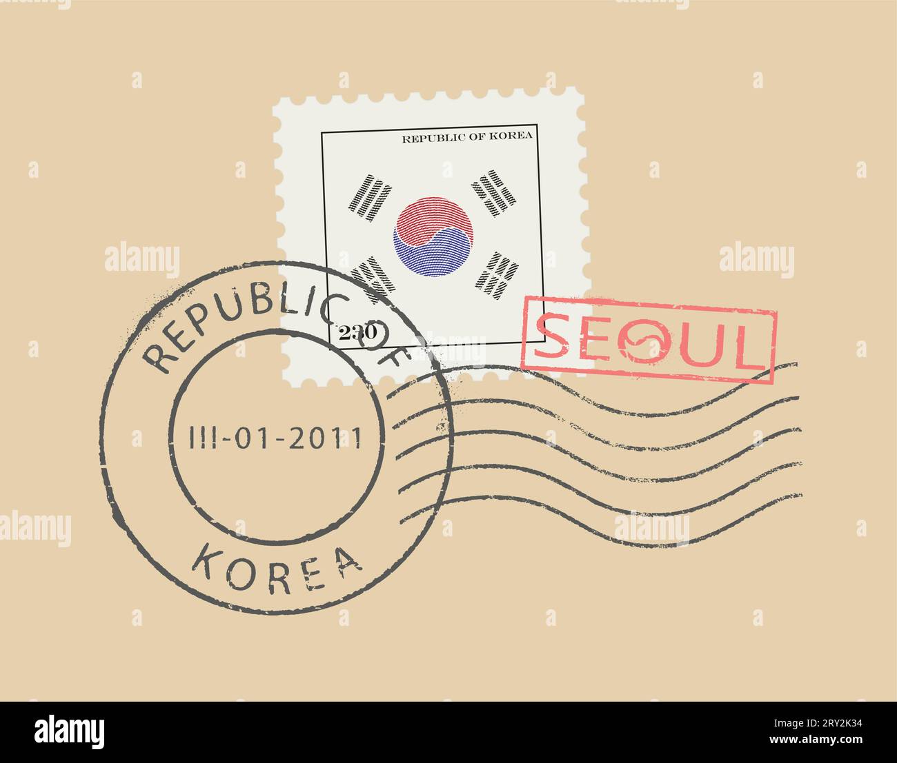 Briefmarkensymbole ''Seoul - Republik (Südkorea) Korea'''. Koreanische Flagge (Yin Yang - Einheit in Vielfalt; gravierte Wirkung). Stock Vektor