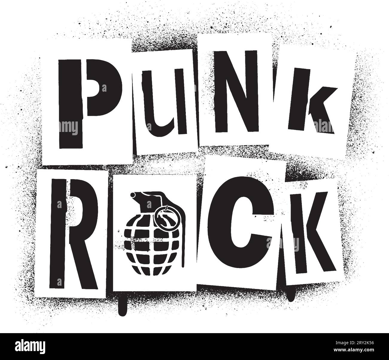 „Punk Rock“ Spray Graffiti-Schablone und Handgranate-Silhouette. Für T-Shirt, Poster... Stock Vektor