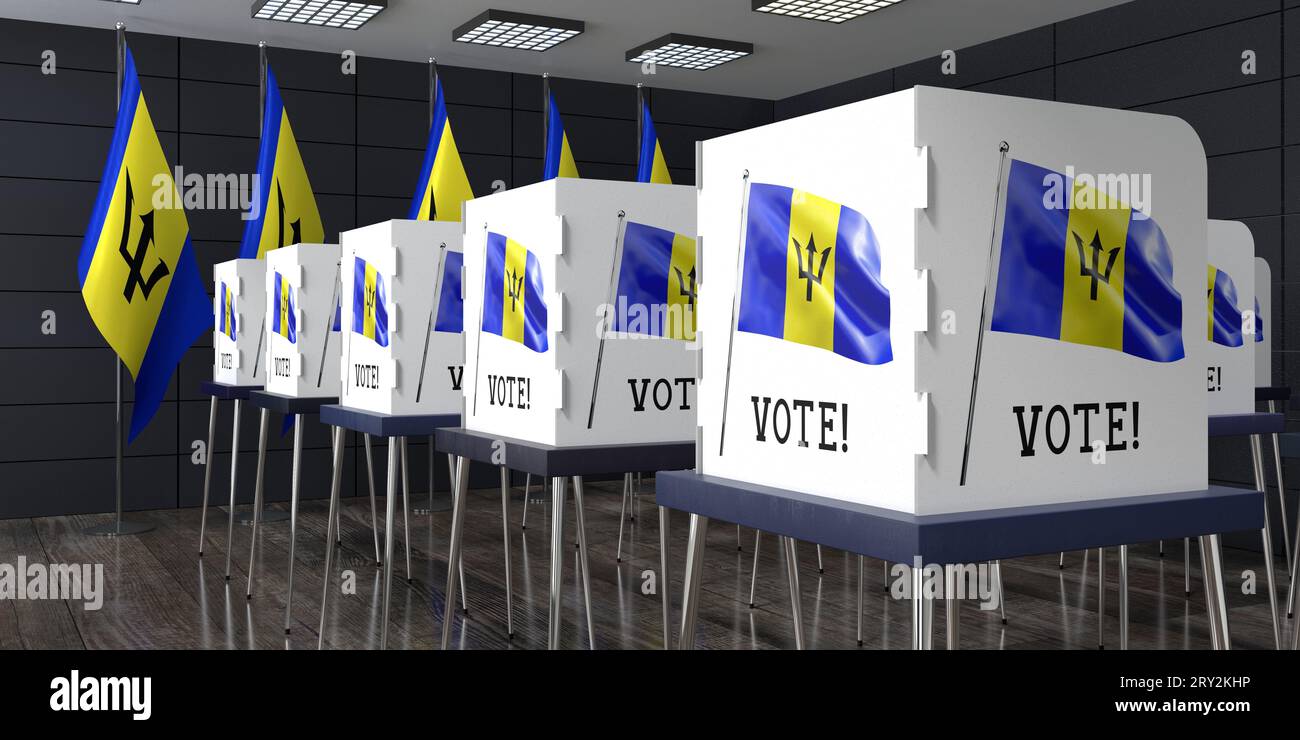Barbados - Wahllokal mit vielen Wahlkabinen - Wahlkonzept - 3D-Illustration Stockfoto