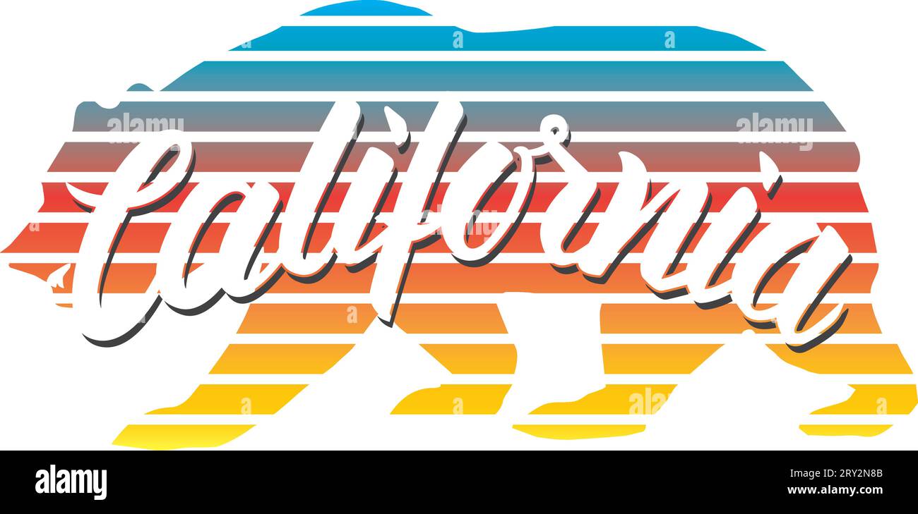 Handbeschriftung ''California''' und mehrfarbige Halbtonlinie Bären für T-Shirt, Postkarte, Poster... Weißer Hintergrund. Stock Vektor