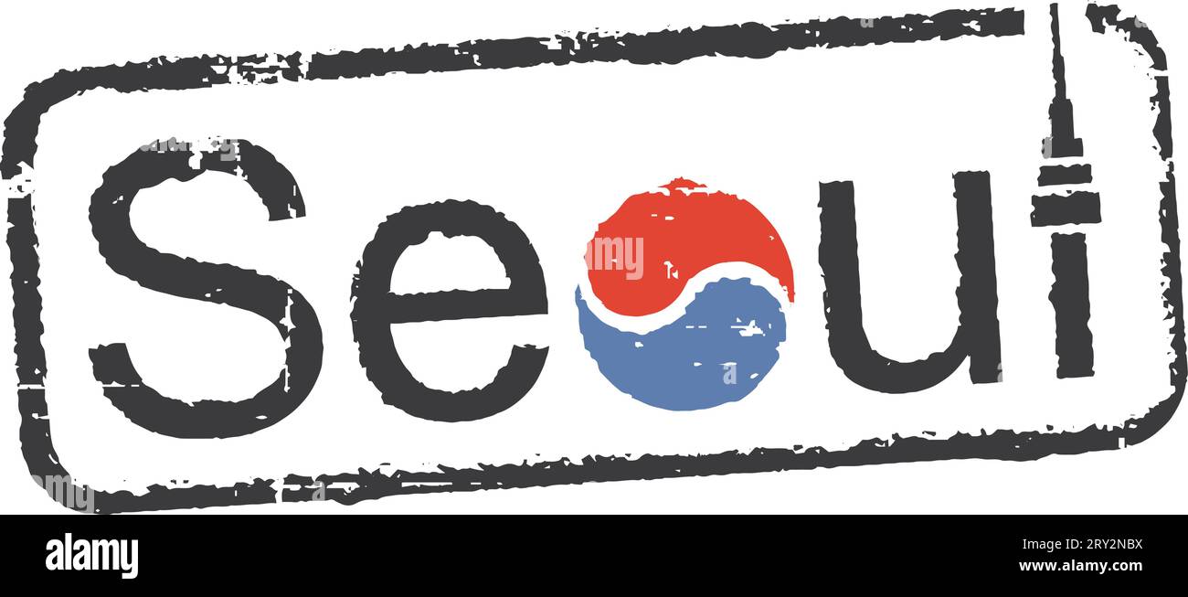 Postgrunge-Stempel 'Seoul' - Hauptstadt von Südkorea. Yin Yang (Einheit innerhalb der Vielfalt) – koreanisches Nationalsymbol; Namsan-Turm Stock Vektor
