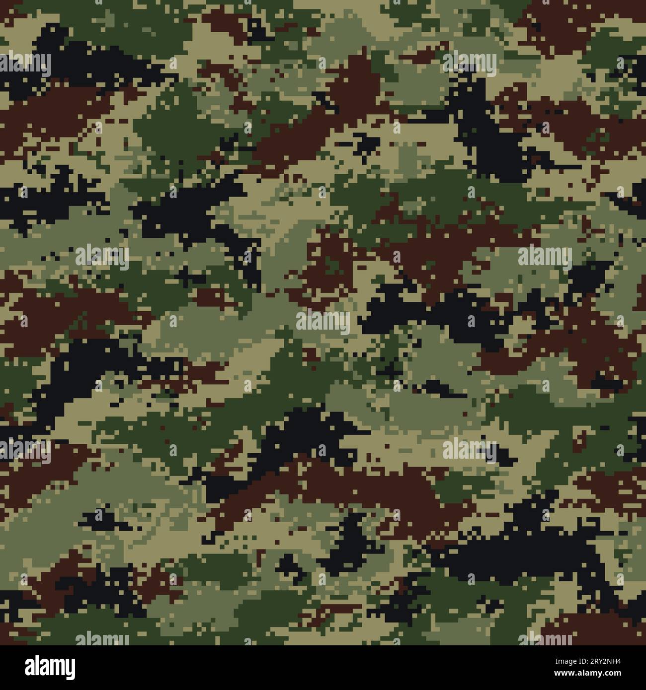 Digitale Sommercamouflage. Nahtloses Muster mit winzigen Pixeln in Schwarz, Braun, Beige, Dunkel- und Hellgrün. Stock Vektor
