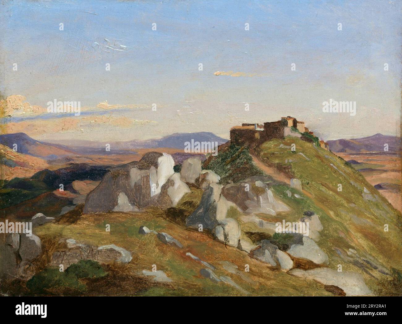 Théodore Caruelle d’Aligny - Landschaft in Olevano Théodore Caruelle d’Aligny: Französisch, Chaumes 1798–1871 Lyon 1827 oder 1834–36; Öl auf Papier, auf Holz gelegt; 8 3/4 x 11 3/4 Zoll. (22,2 x 29,8 cm) Stockfoto