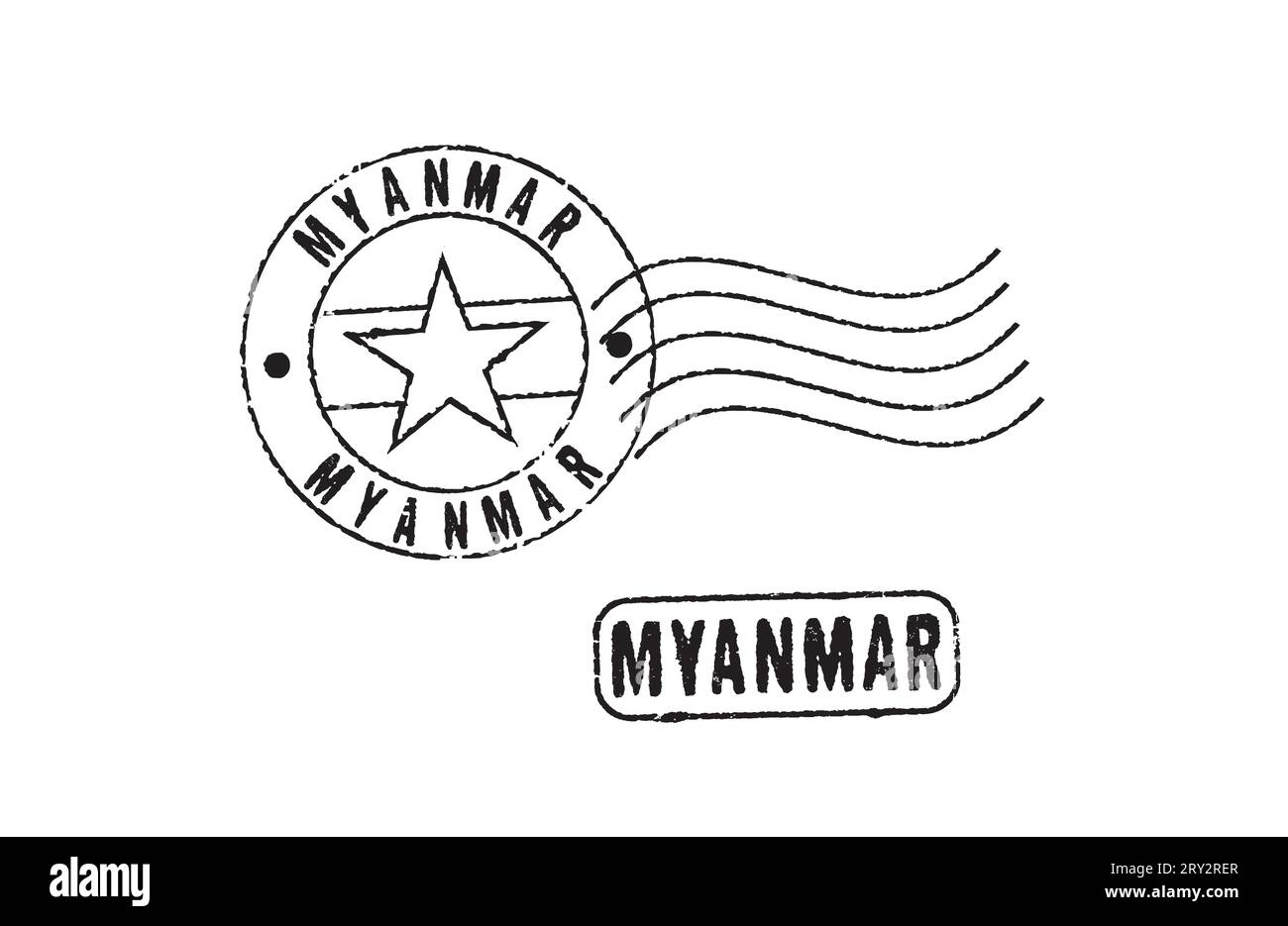 Kautschukmarken aus MYANMAR (BIRMA). Umrissflagge in der Mitte. Land in Südostasien. Stock Vektor