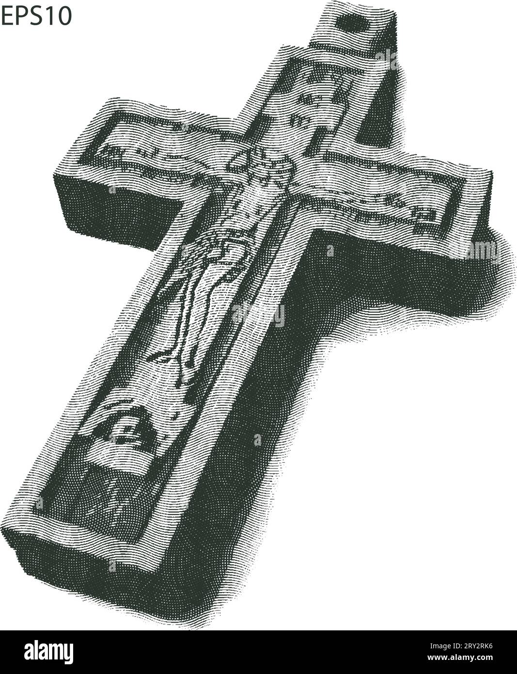 Isoliertes orthodoxes Kreuz auf weißem Hintergrund. Gravur (Holzschnitt) und Grunge-Textur. Stock Vektor