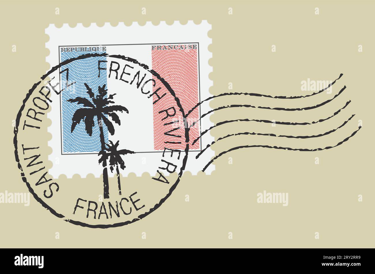 Briefmarkensymbole 'Saint Tropez - Frankreich'. Französische Flagge (graviert, Holzschnitt). Stock Vektor