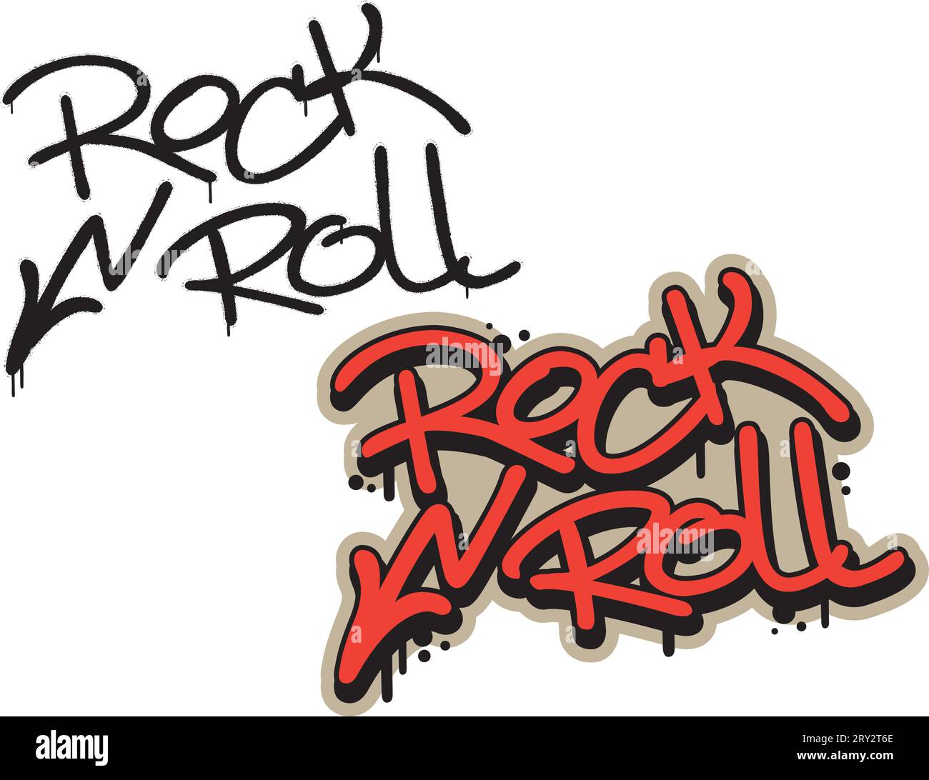 Rock n Roll, Graffiti-Anhänger sprühen. Hochspannungszeichen. Handschrifttypografie. Weißer Hintergrund. Stock Vektor