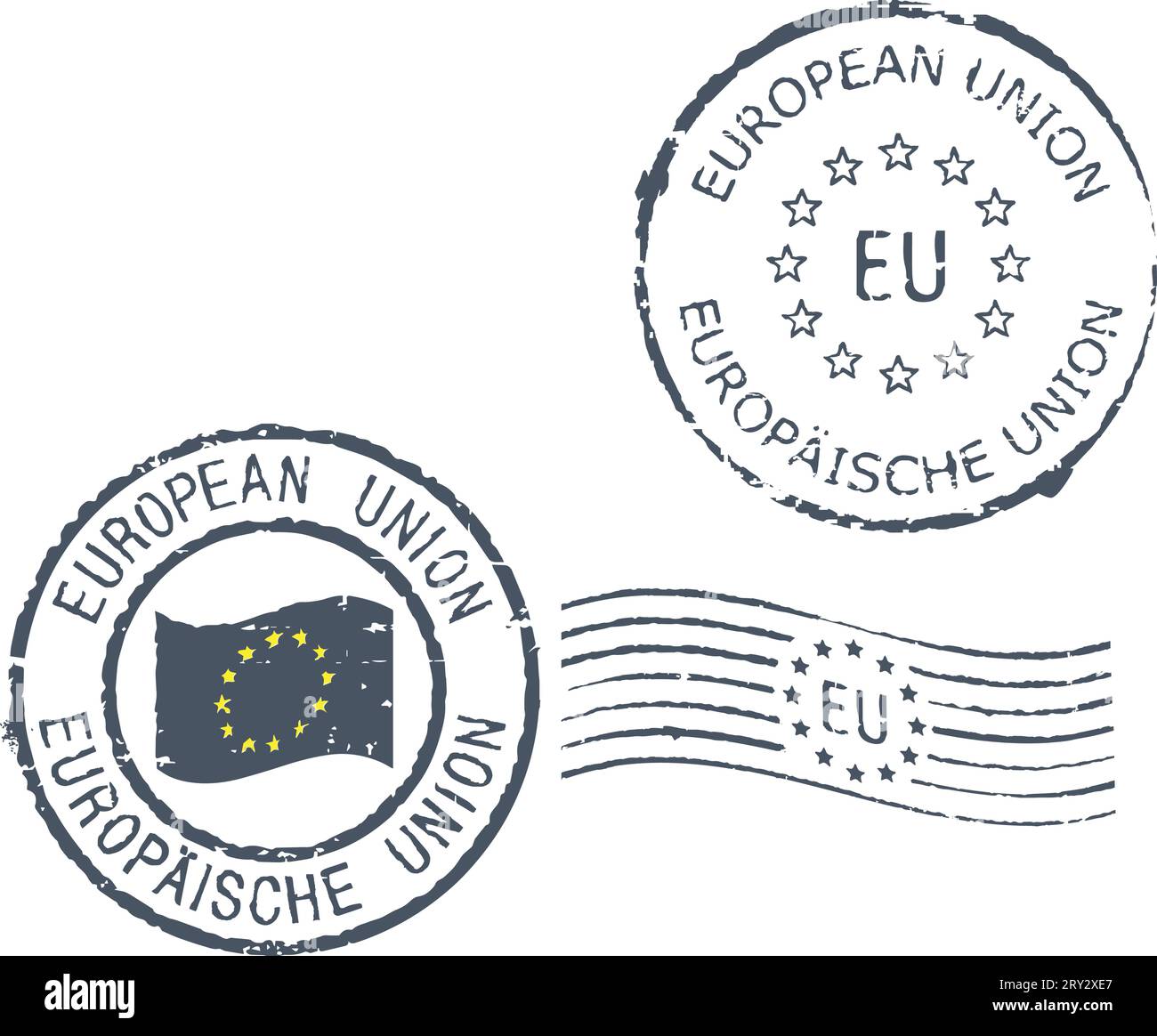 Satz von Grunge-Briefmarken „Europäische Union“. Englische und deutsche Inschrift. Stock Vektor