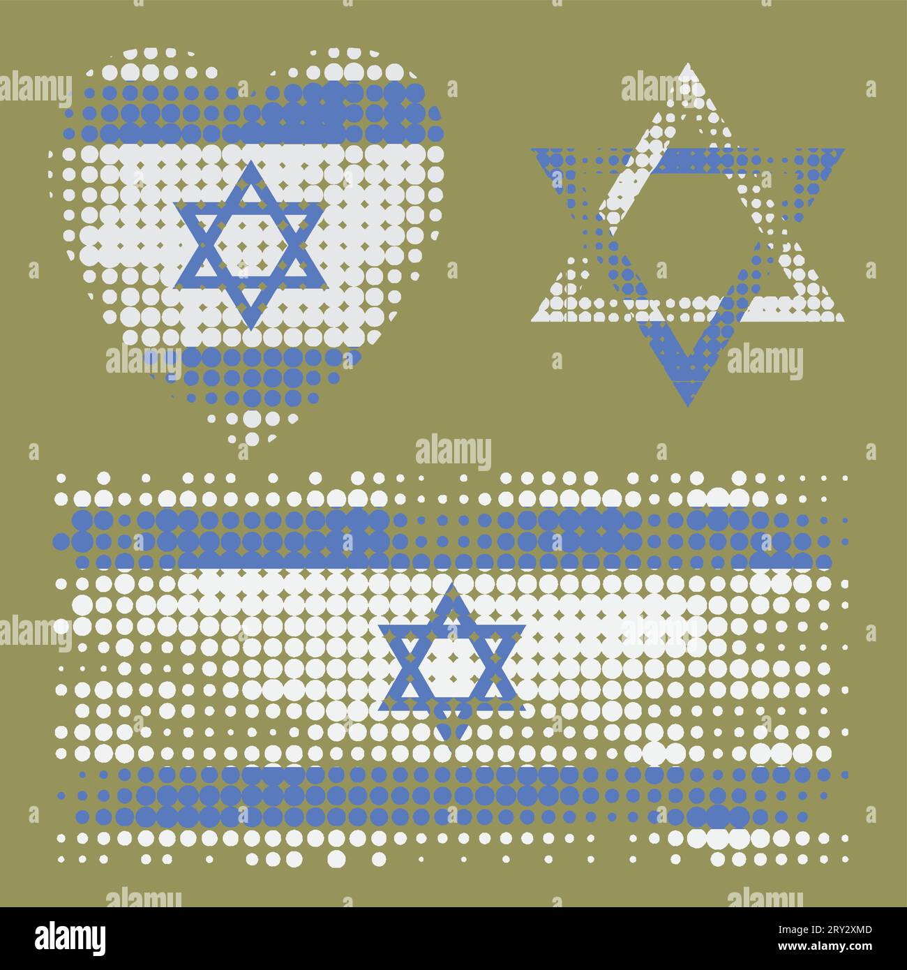 Israelische Flagge, Herz und Davids Stern. Halbtonstruktur. Olivgrüner Hintergrund. Stock Vektor