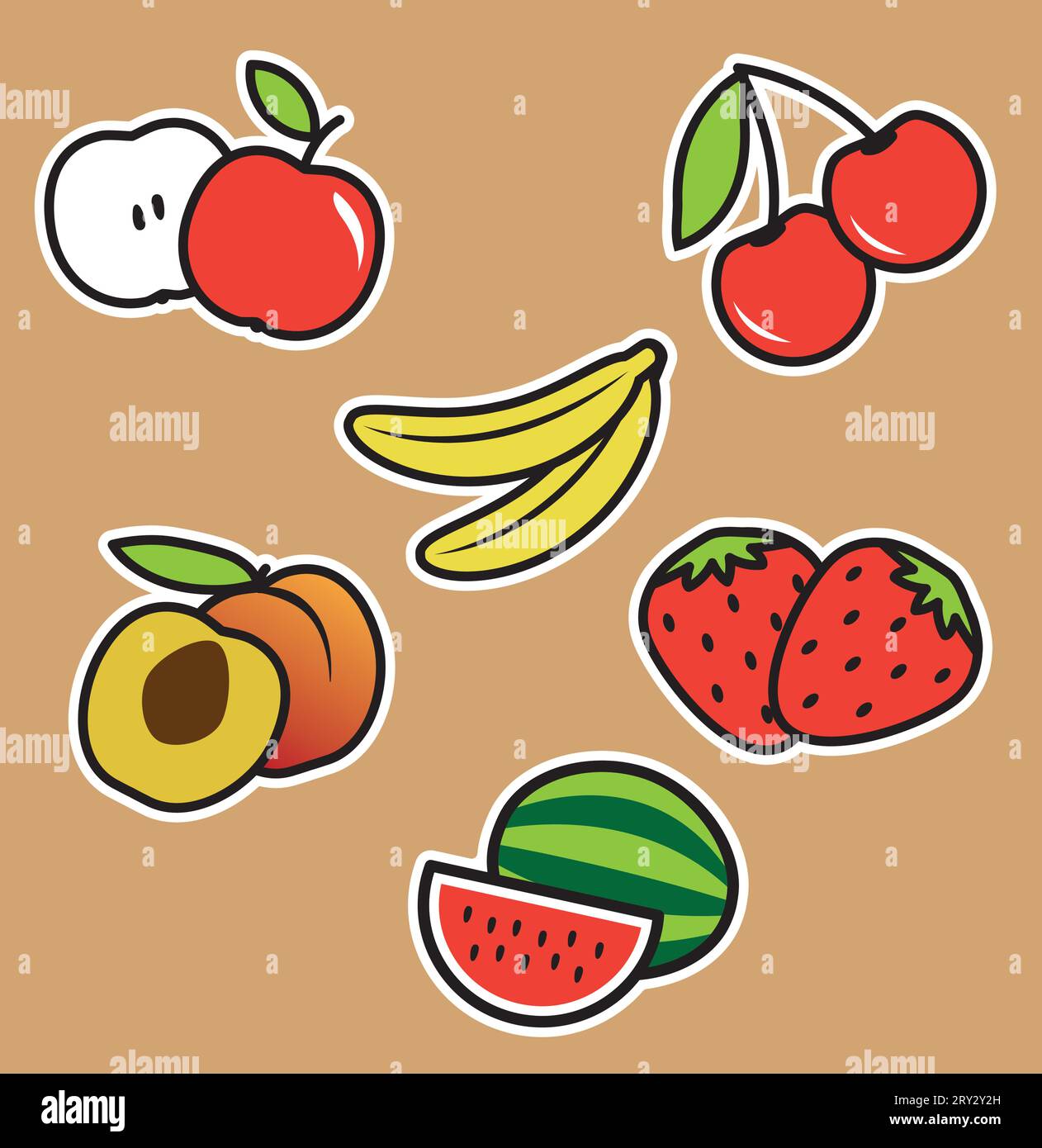 Set mit Schnittlinien-Aufklebern von Früchten. Brauner Hintergrund. Apfel, Kirsche, Banane, Pfirsich, Erdbeere, Wassermelone. Stock Vektor