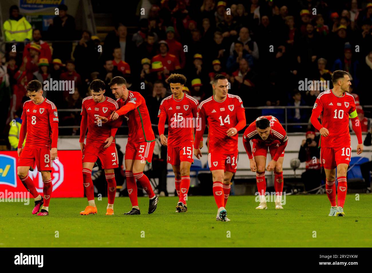 Cardiff, Wales - 28. März 2023: Der walisische Kieffer Moore feiert sein erstes Tor des Spiels. Qualifyi der Gruppe D der UEFA-Europameisterschaft Stockfoto