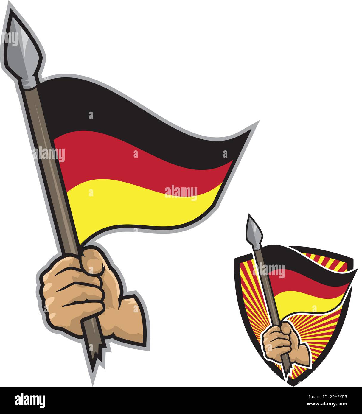 Illustration einer Hand, die einen Speer mit einer winkenden deutschen Flagge hält. Weißer Hintergrund. Patriotisches Konzept. Stock Vektor