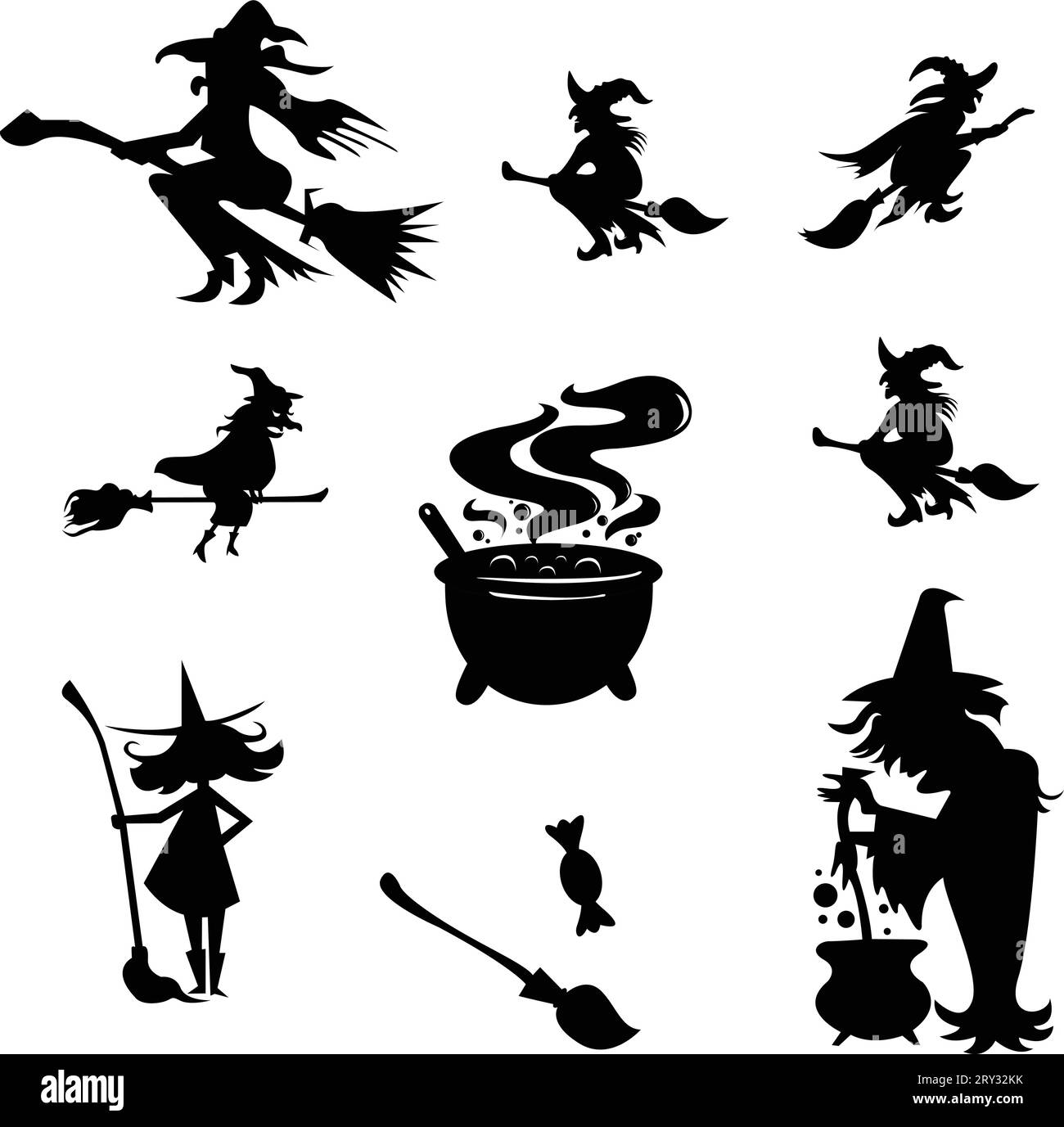 Böse Hexenschurke, Hexengroßmutter, die Zaubertrank auf Kessel-Zeichen-Illustration-Vektorsets macht, Stock Vektor