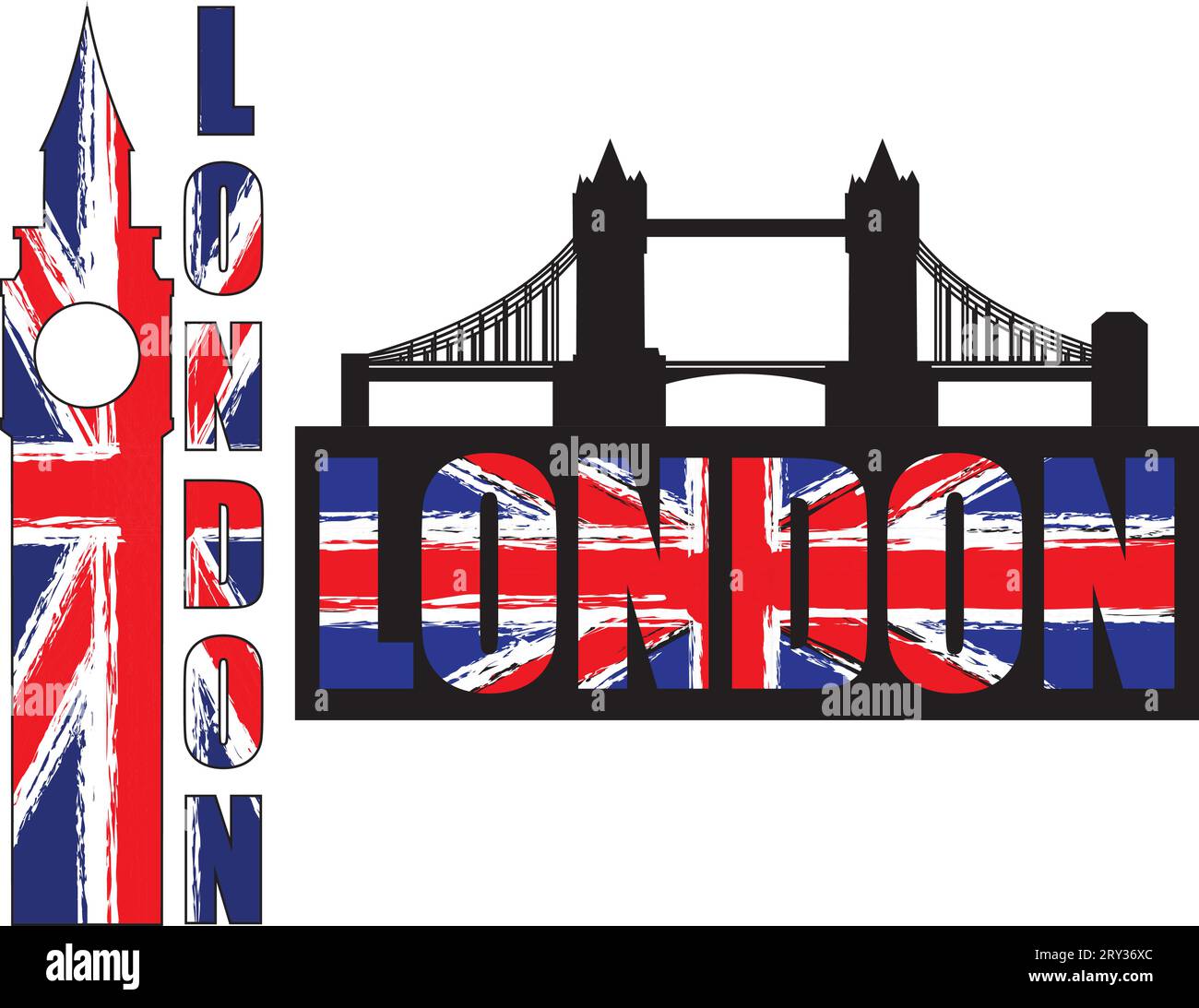 London Bridge und Big Ben Silhouetten. britische Flagge grunge. Stock Vektor