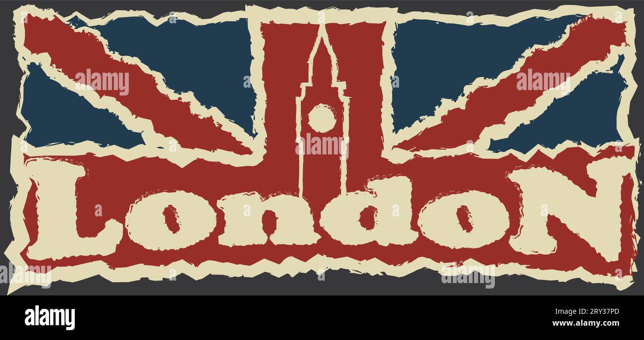 Big Ben Silhouette und Londoner Inschrift auf der britischen Flagge Stock Vektor