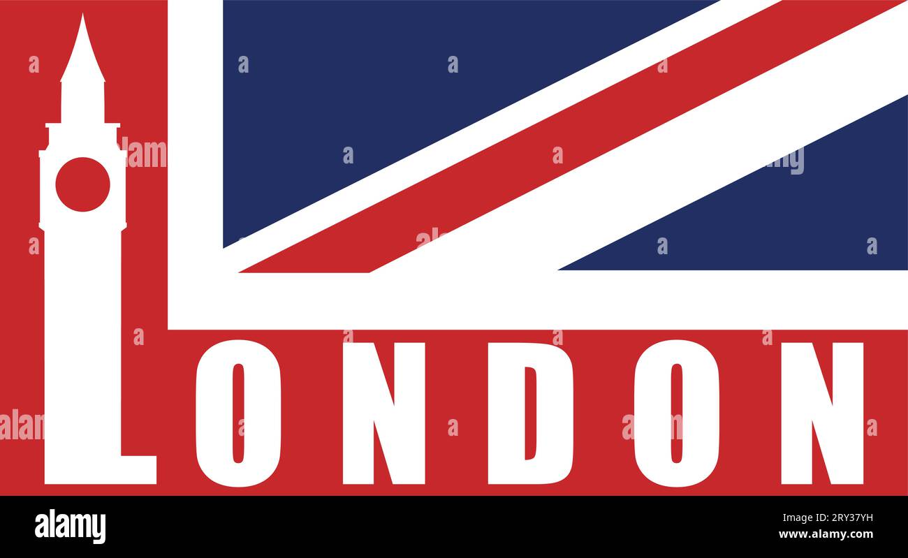 Big Ben Silhouette und Londoner Inschrift auf dem Teil der britischen Flagge Stock Vektor