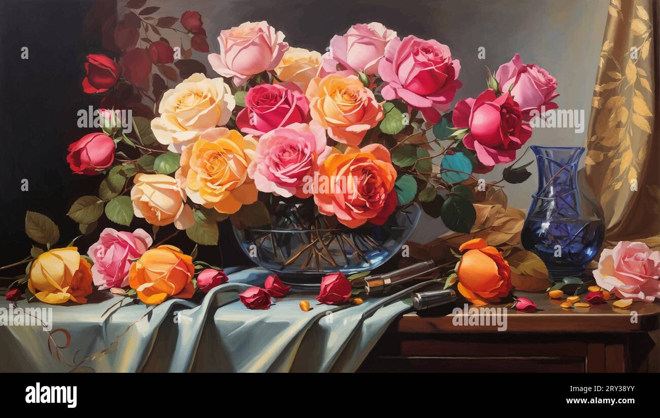 Ein künstlerisches Meisterwerk mit dem Titel „Stillleben mit Blüten“ zeigt das Wesen des Lebens durch eine exquisite Anordnung von leuchtenden Rosen. Stock Vektor