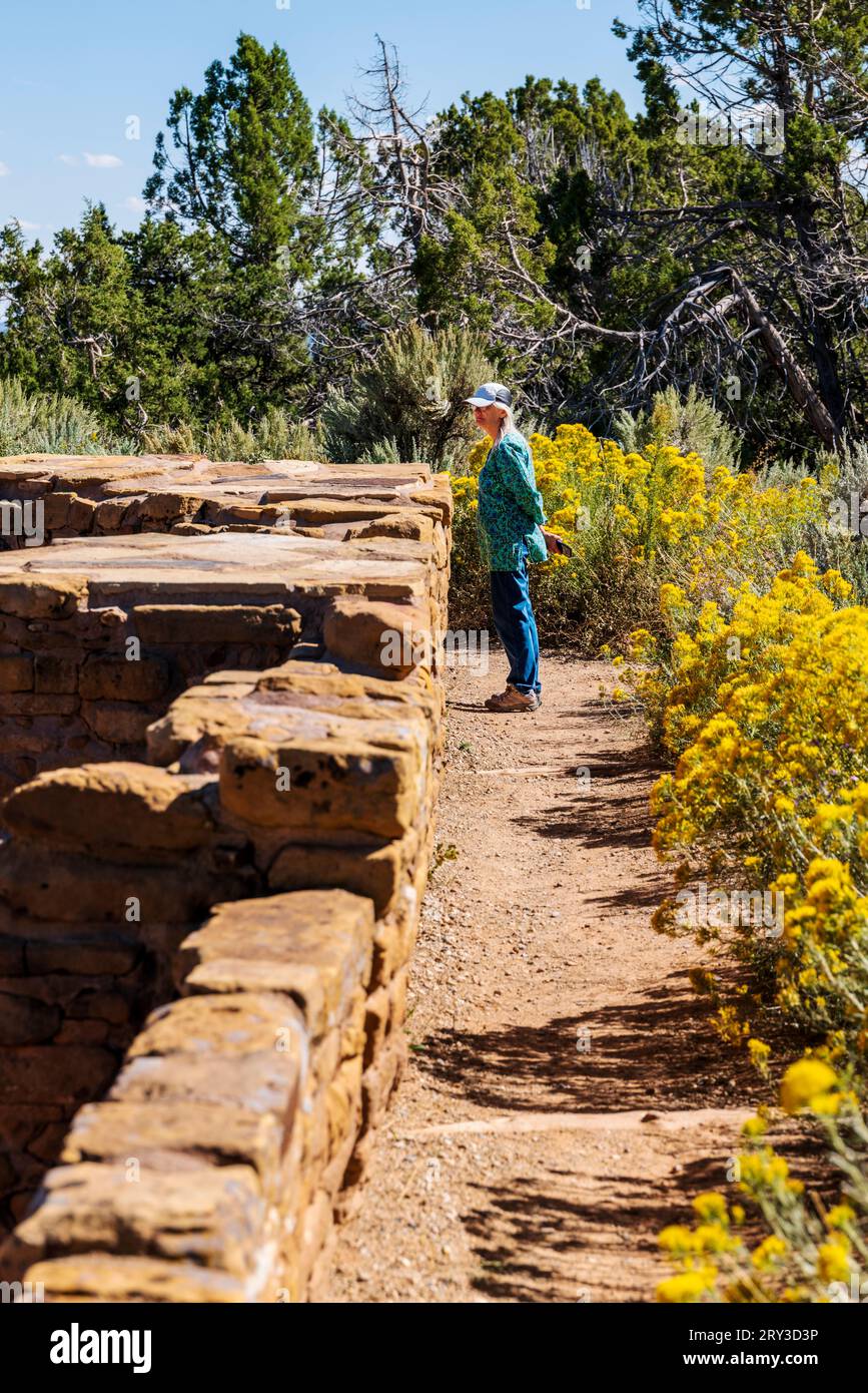 Touristen besuchen das Pipe Shrine House; Far View Site; Mesa Verde National Park; Colorado; USA Stockfoto