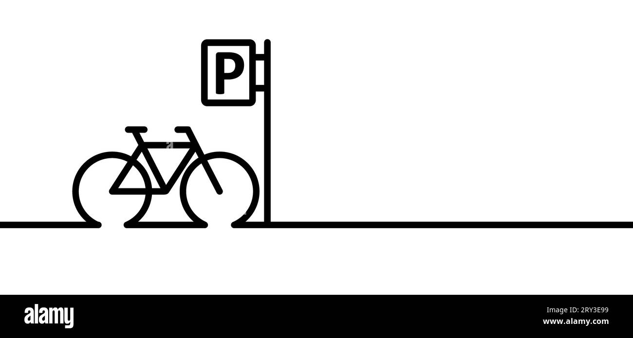 Parkmöglichkeit, Logo für die Positionierung der Stifte. Parksymbol mit Buchstabe P. Banner mit zyklischem Linienmuster. Fahrzeug, Verkehrsschild. Radfahrer-Logo-Schild. Radsymbol. Vecto Stockfoto