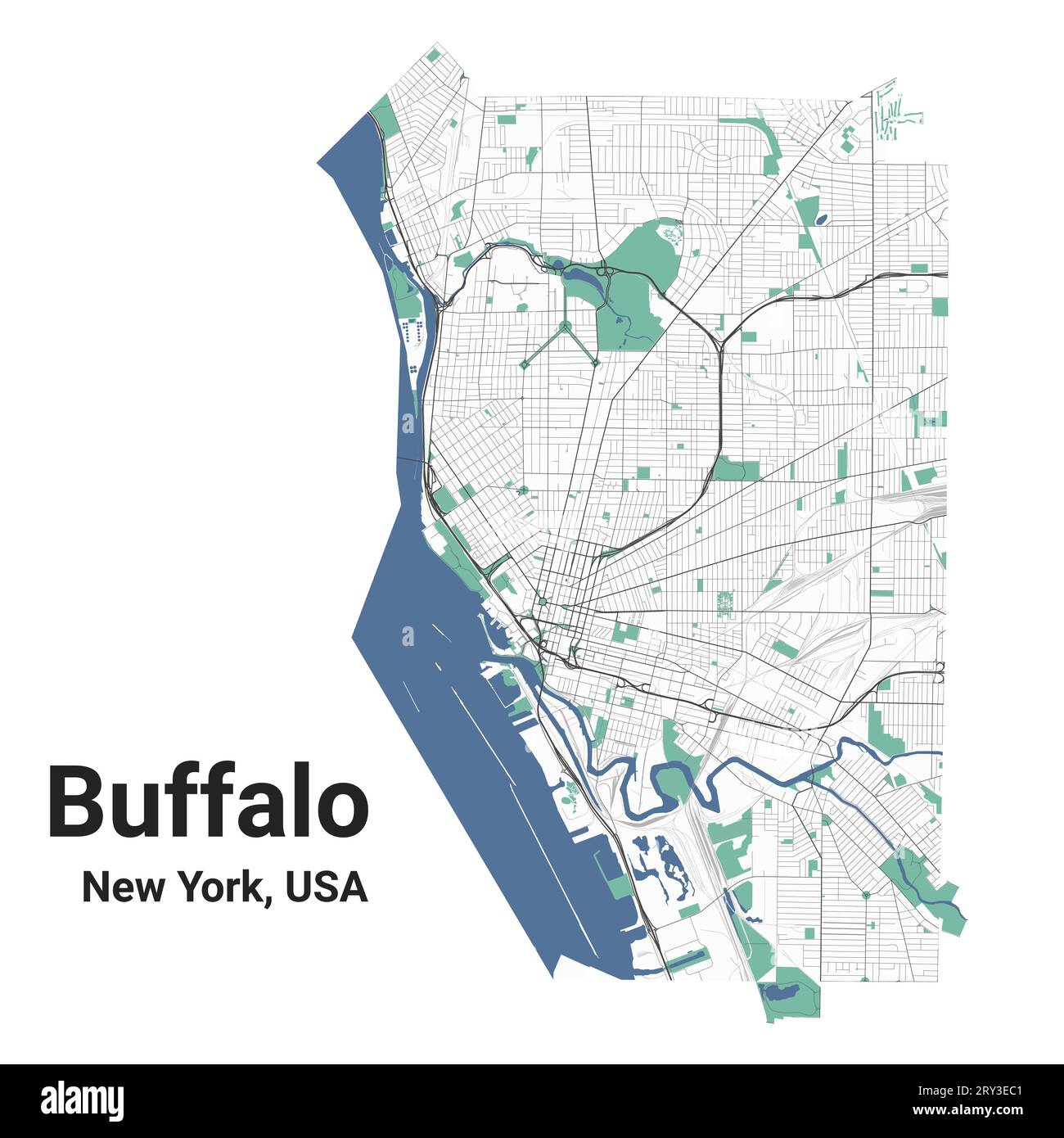 Buffalo Map, New York, amerikanische Stadt. Stadtplan mit Flüssen und Straßen, Parks und Eisenbahnen. Vektorillustration. Stock Vektor