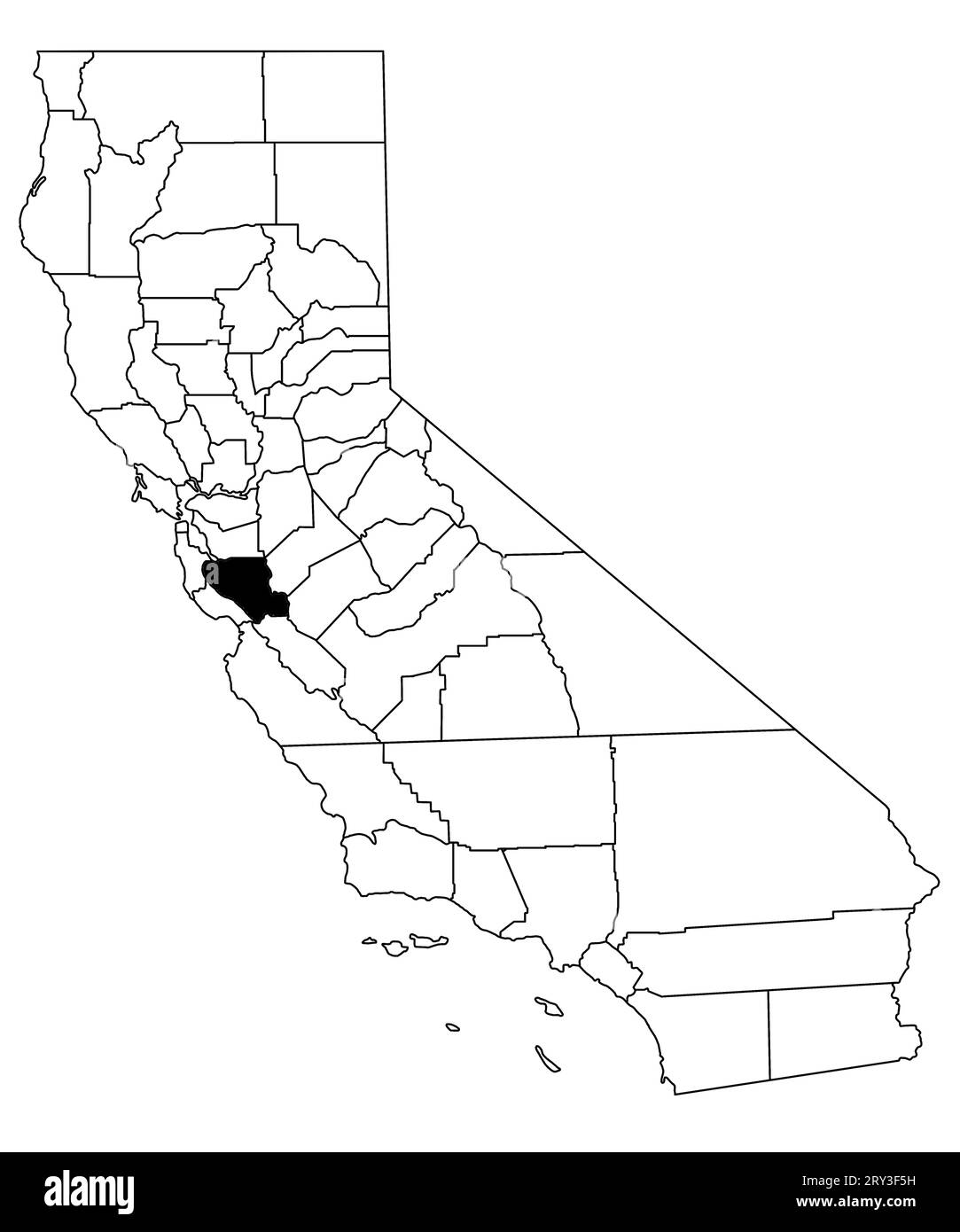 Karte von Santa Clara County im Bundesstaat Kalifornien auf weißem Hintergrund. Single County Karte, schwarz hervorgehoben auf der kalifornischen Karte. USA, USA Stockfoto
