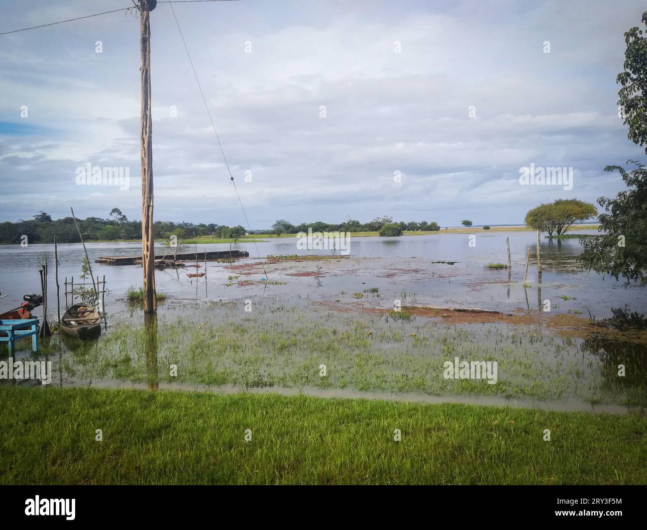 Blick auf den Amazonasfluss und traditionelle Boote im brasilianischen Regenwald, Amazonasfluss Stockfoto